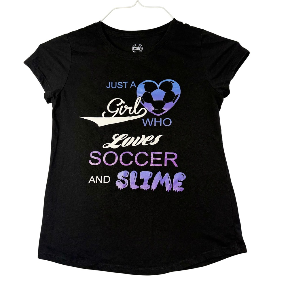 Girls Black Soccer and Slime Graphic Tee Shirt Size L 10-12